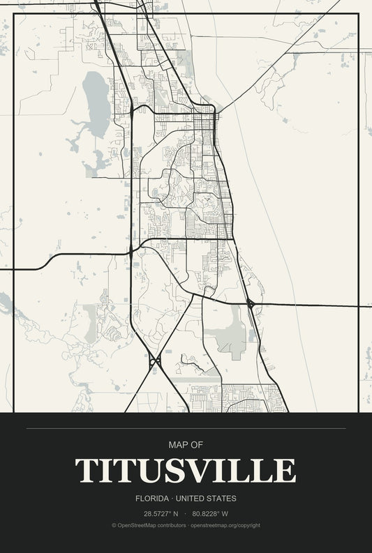 Titusville, Florida City Map Aluminum Sign in Museum Plaque style