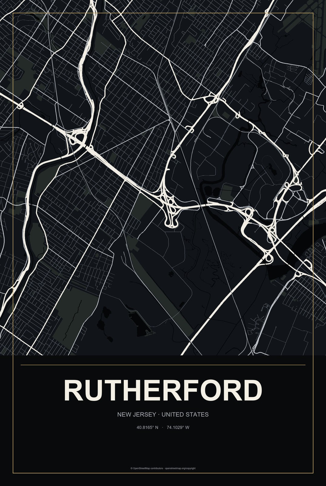 Rutherford, New Jersey City Map Aluminum Sign in Metropolitan Noir style