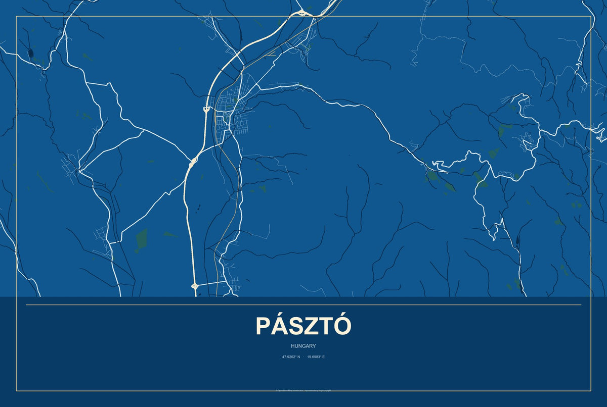 Pásztó, Hungary City Map Aluminum Sign in Harbor Cobalt style