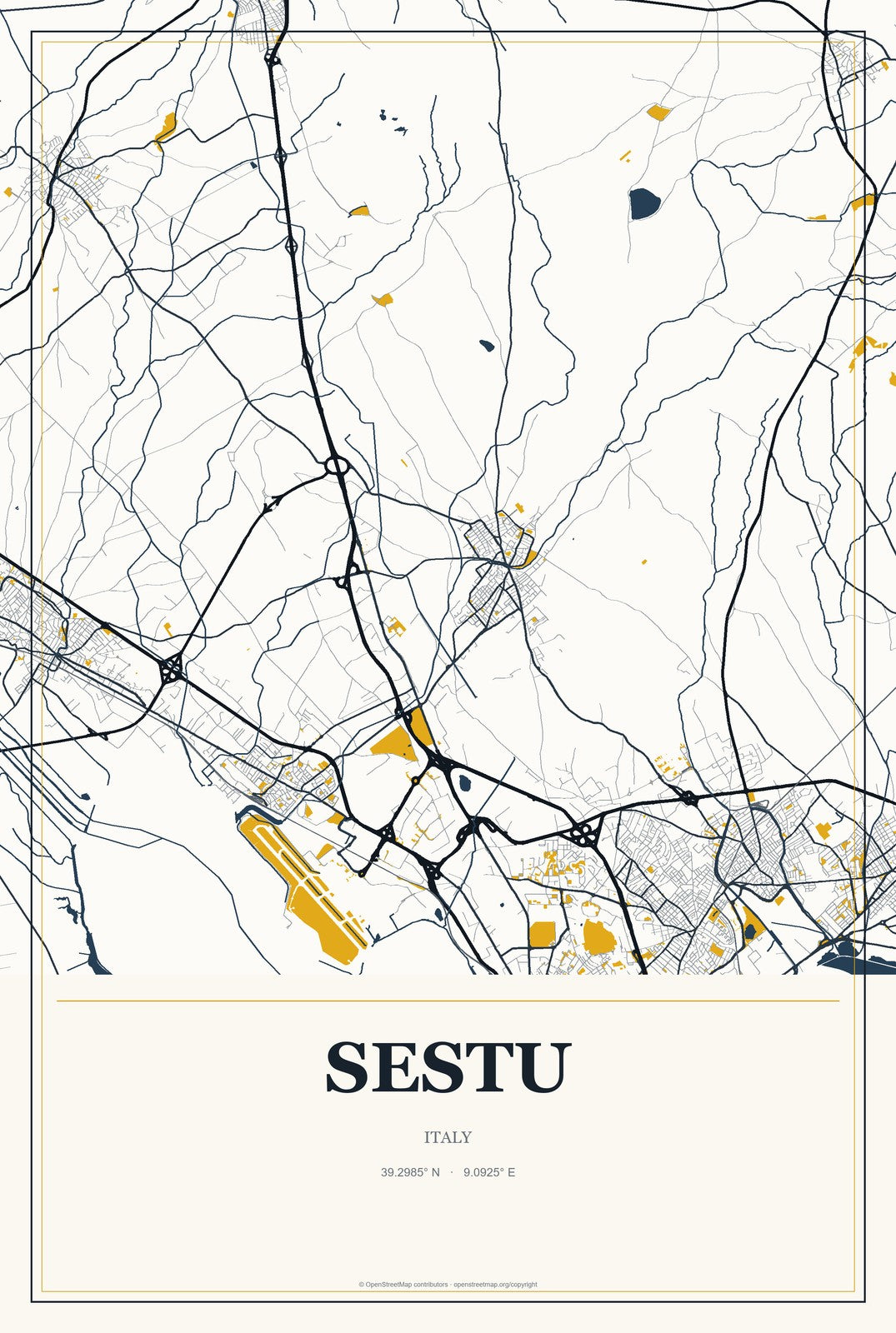 Sestu, Italy City Map Aluminum Sign in Citrine Modern style