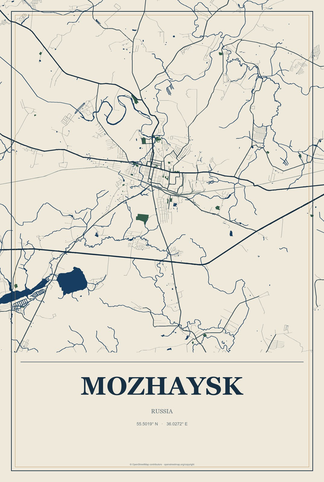 Mozhaysk, Russia City Map Aluminum Sign in Coastal Cutout style