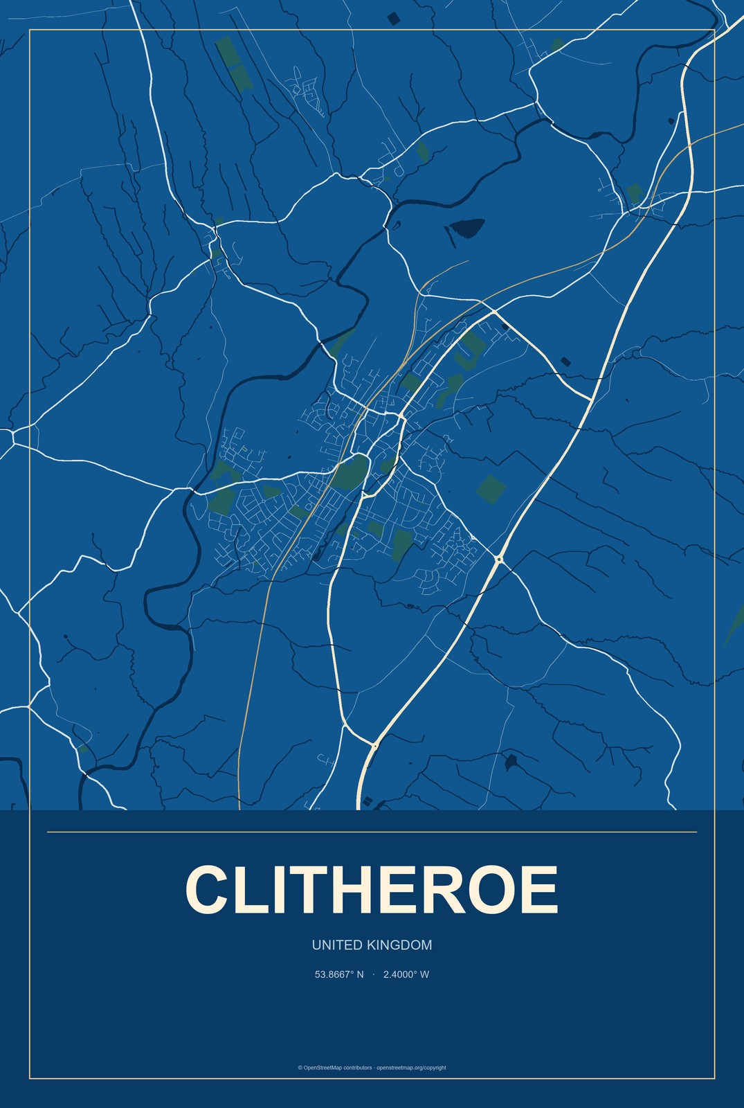 Clitheroe, United Kingdom City Map Aluminum Sign in Harbor Cobalt style