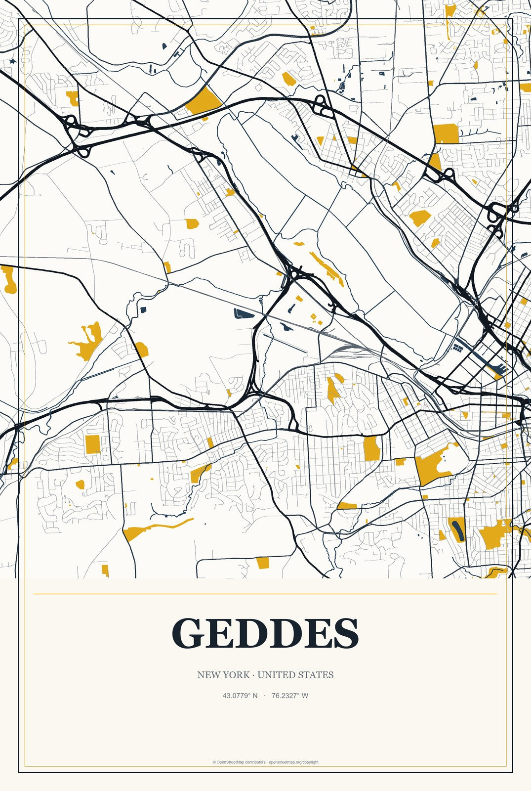Geddes, New York City Map Aluminum Sign in Citrine Modern style