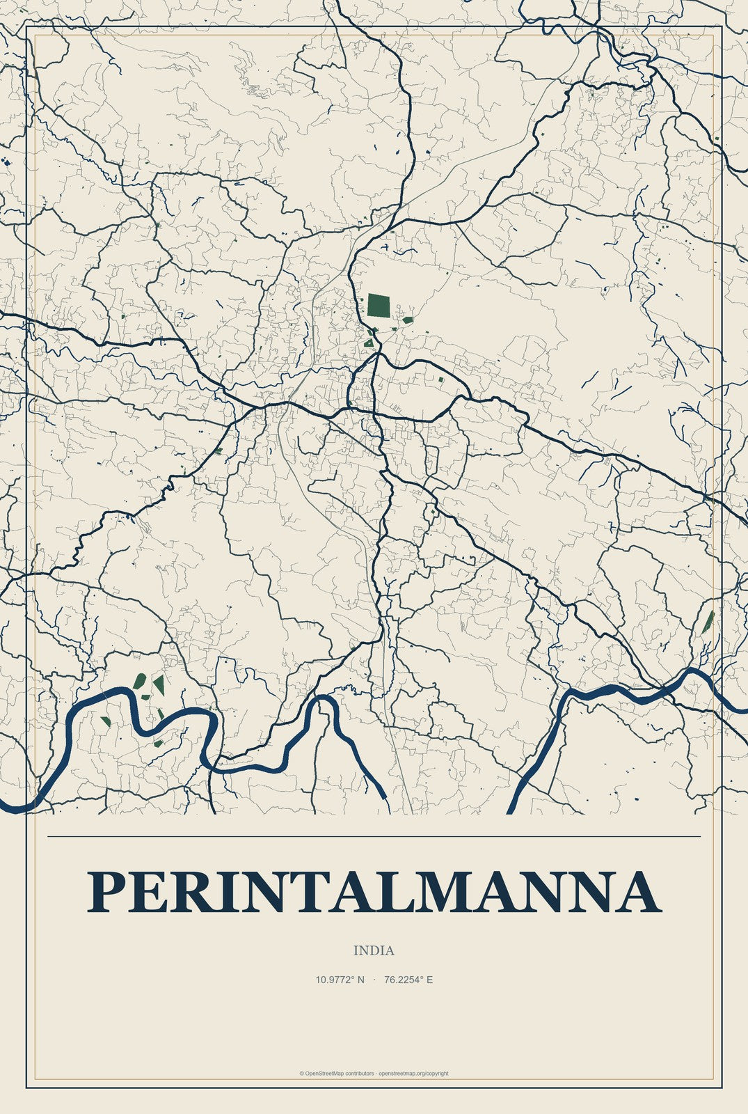 Perintalmanna, India City Map Aluminum Sign in Coastal Cutout style
