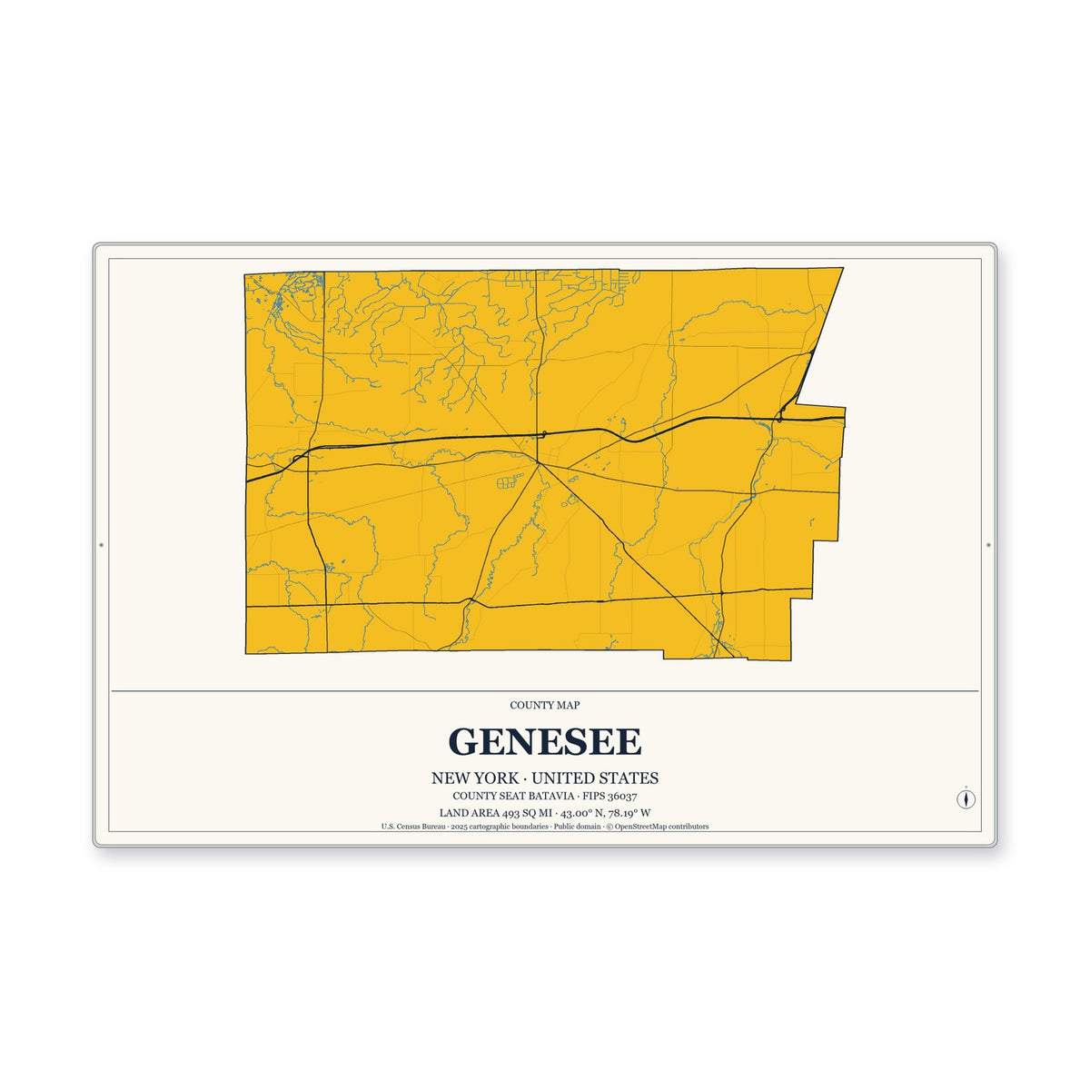 Genesee County, New York Map Aluminum Sign in Citrine Modern style