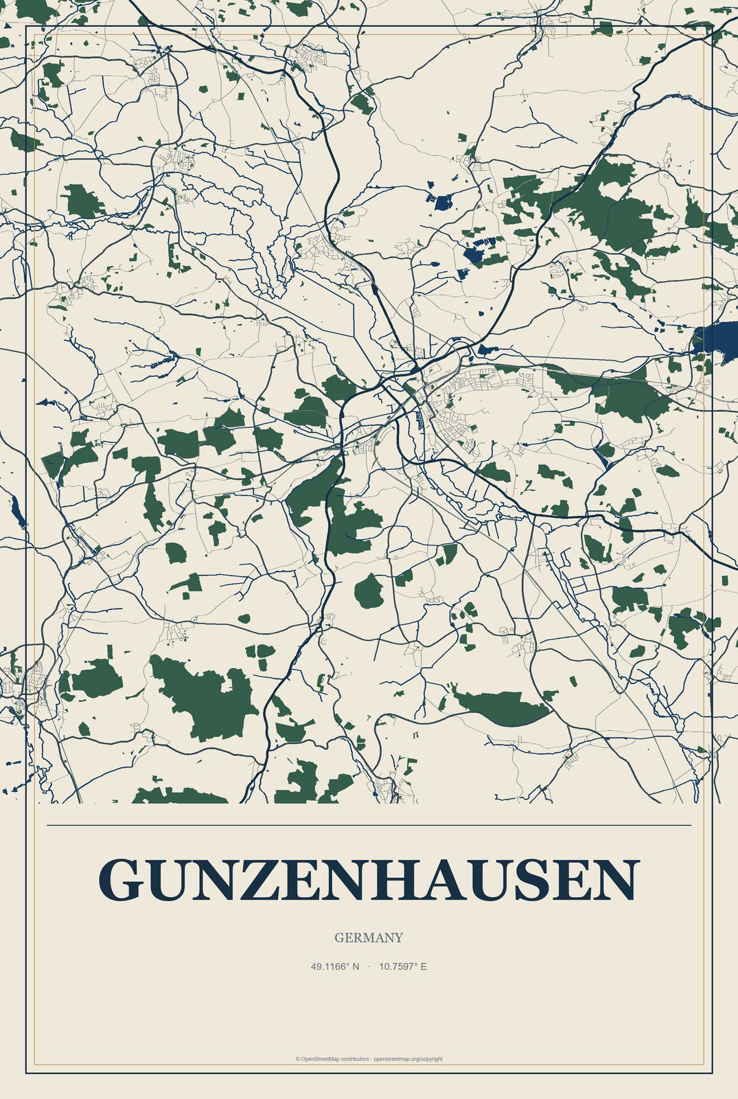 Gunzenhausen, Germany City Map Aluminum Sign in Coastal Cutout style
