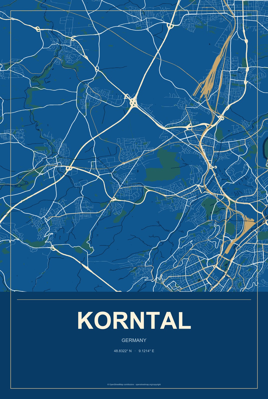 Korntal, Germany City Map Aluminum Sign in Harbor Cobalt style