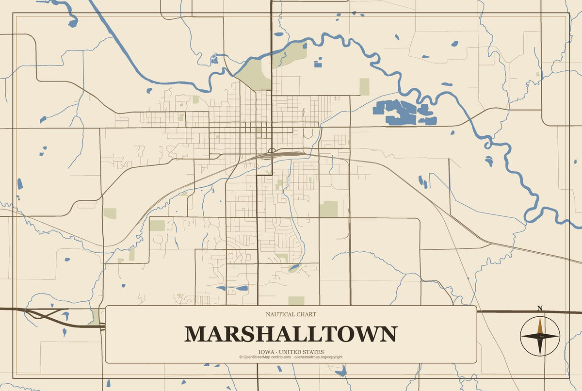 Marshalltown, Iowa City Map Aluminum Sign in Heritage Nautical style