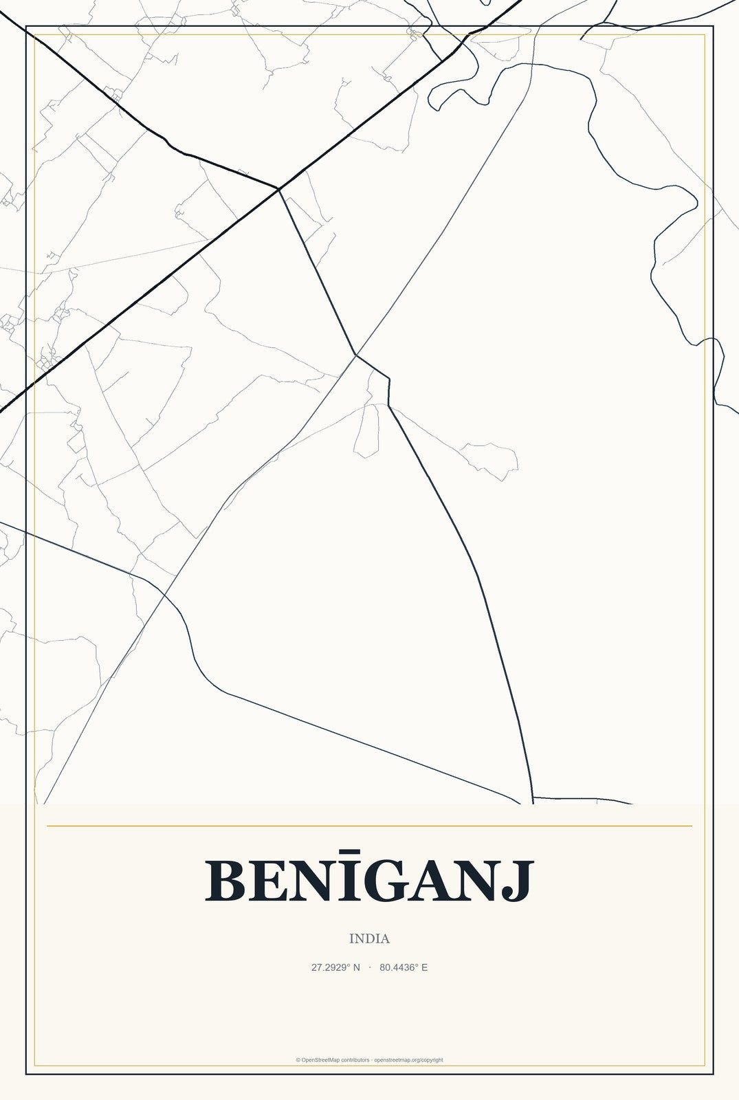 Benīganj, India City Map Aluminum Sign in Citrine Modern style