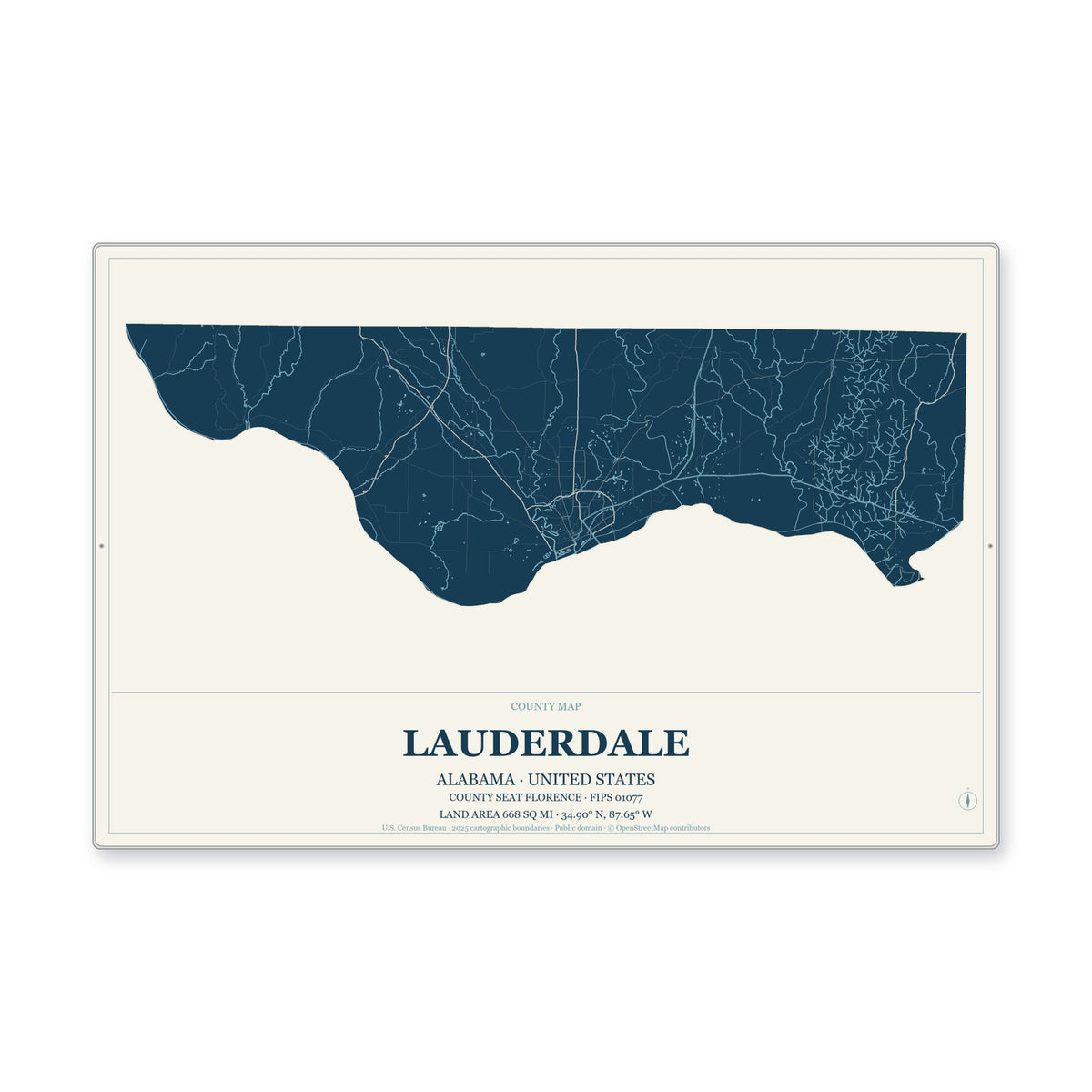 Lauderdale County, Alabama Map Aluminum Sign in Coastal Cutout style