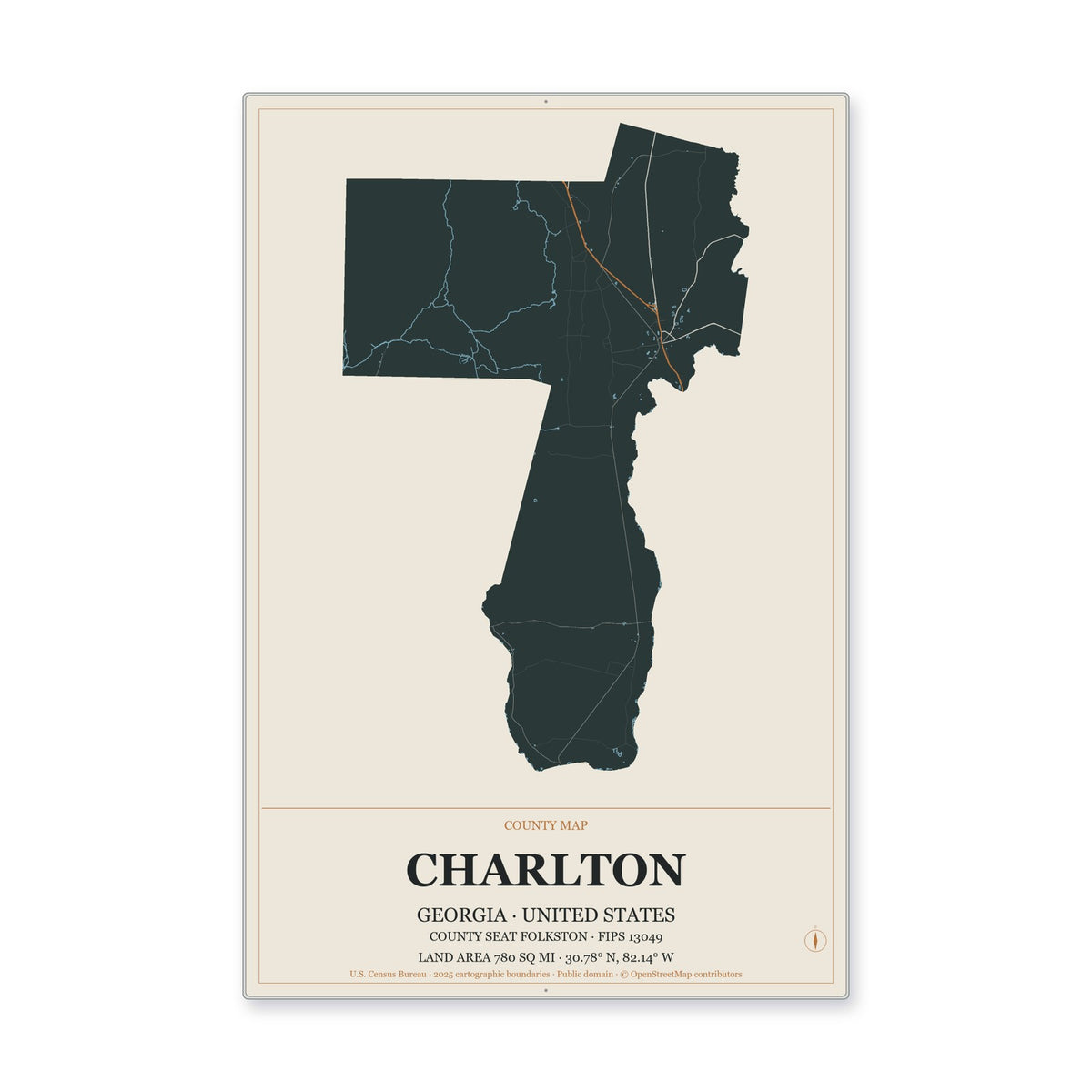 Charlton County, Georgia Map Aluminum Sign in Headline Atlas style
