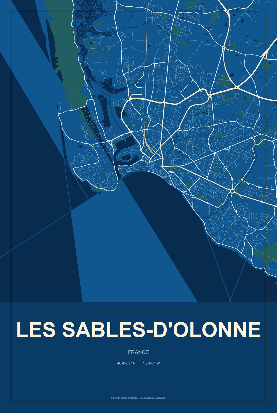 Les Sables-d'Olonne, France City Map Aluminum Sign in Harbor Cobalt style