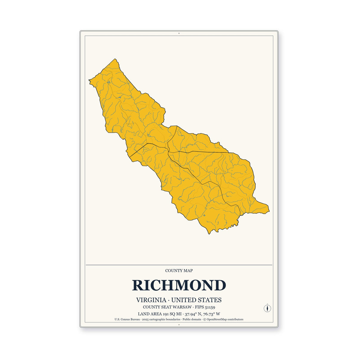 Richmond County, Virginia Map Aluminum Sign in Citrine Modern style