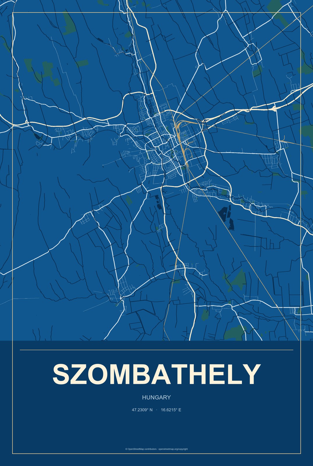 Szombathely, Hungary City Map Aluminum Sign in Harbor Cobalt style