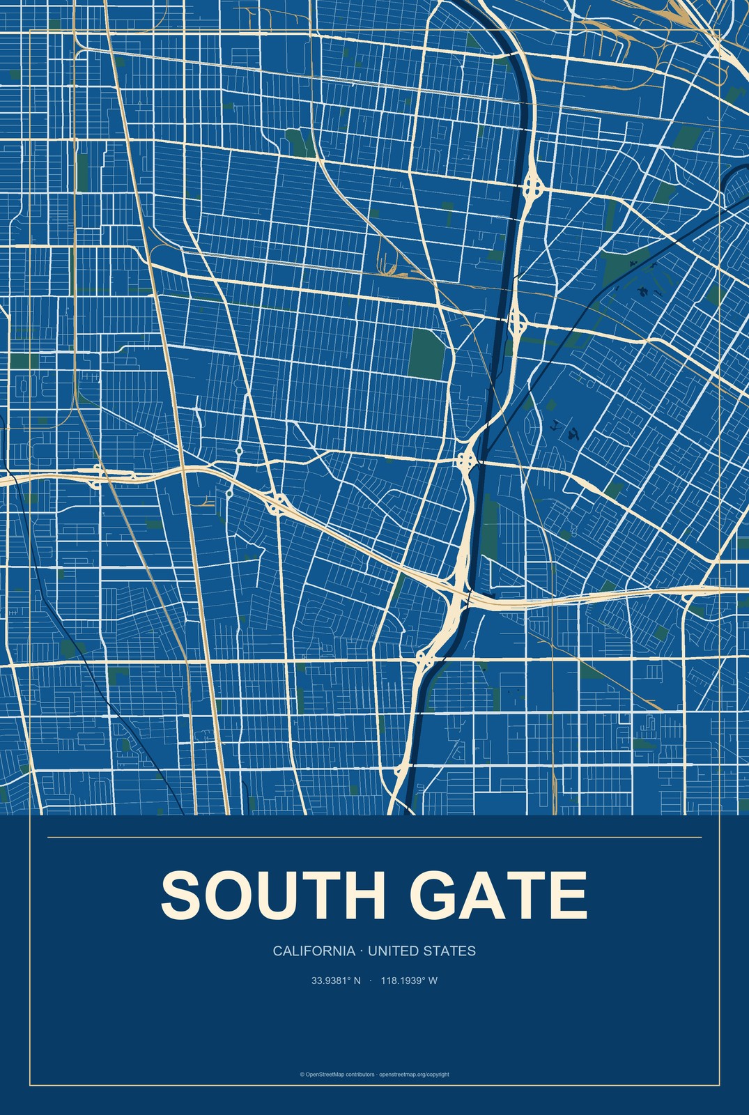 South Gate, California City Map Aluminum Sign in Harbor Cobalt style