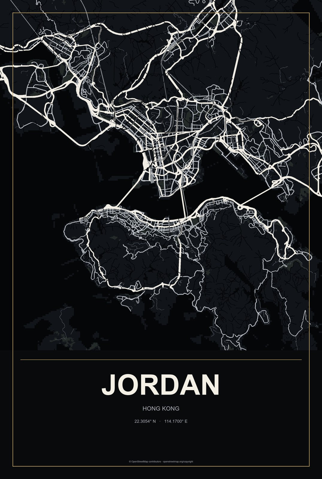 Jordan, Hong Kong City Map Aluminum Sign in Metropolitan Noir style
