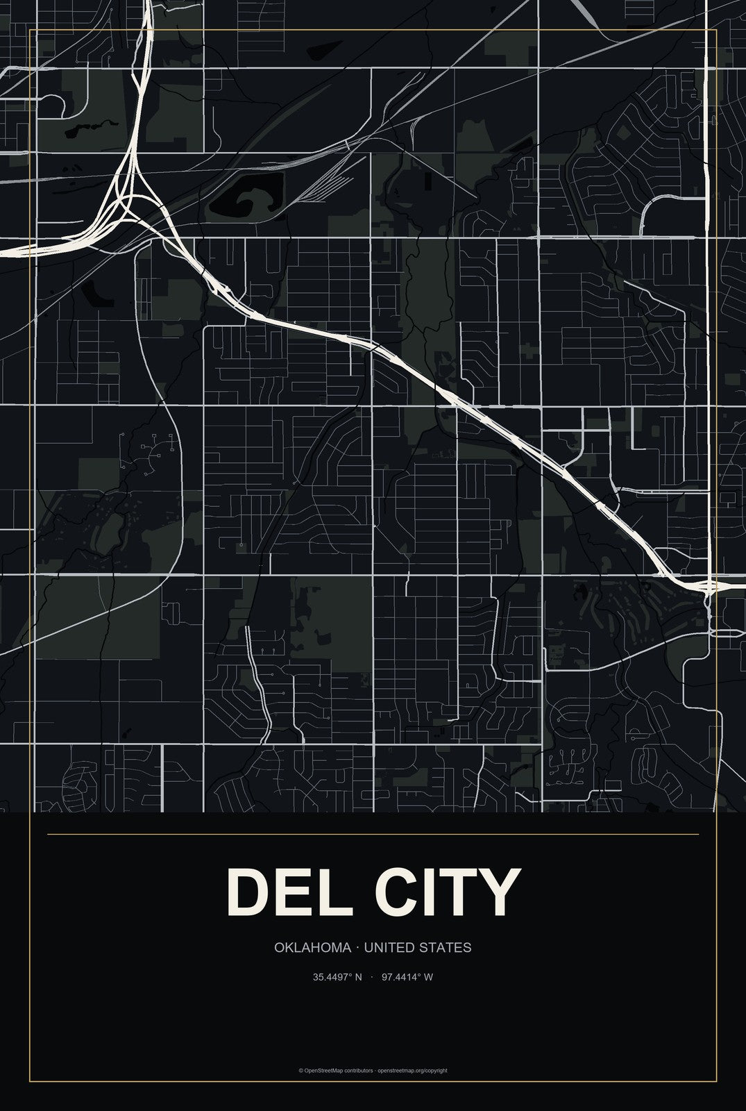 Del City, Oklahoma City Map Aluminum Sign in Metropolitan Noir style