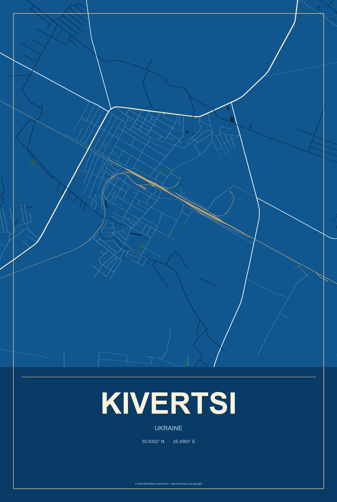 Kivertsi, Ukraine City Map Aluminum Sign in Harbor Cobalt style