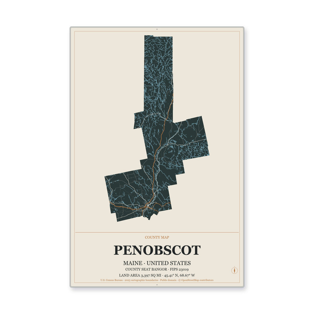 Penobscot County, Maine Map Aluminum Sign in Headline Atlas style