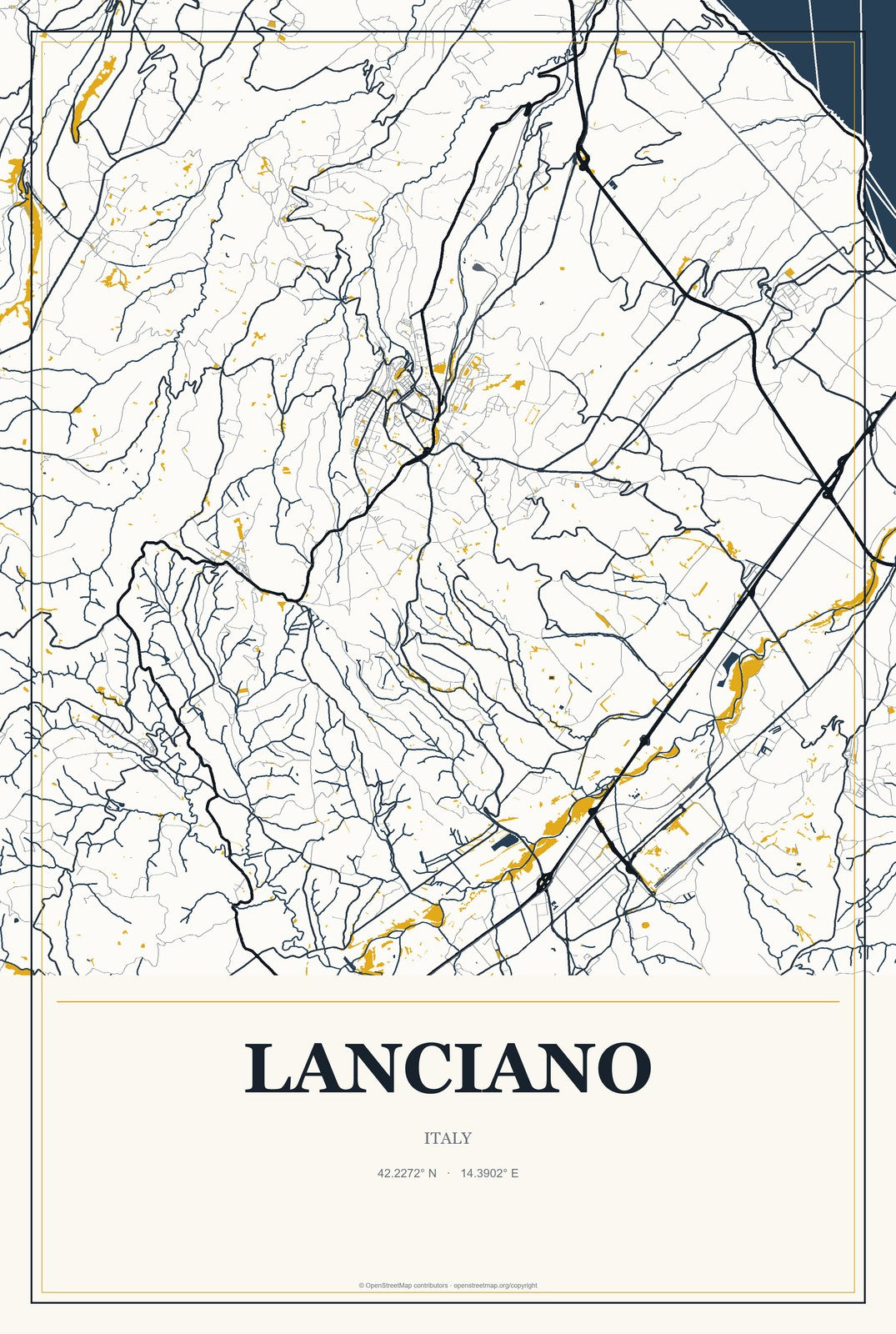 Lanciano, Italy City Map Aluminum Sign in Citrine Modern style