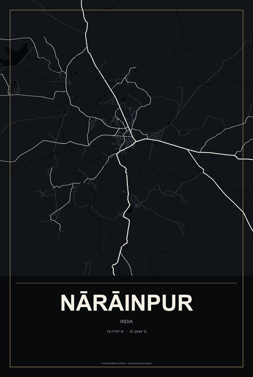Nārāinpur, India City Map Aluminum Sign in Metropolitan Noir style