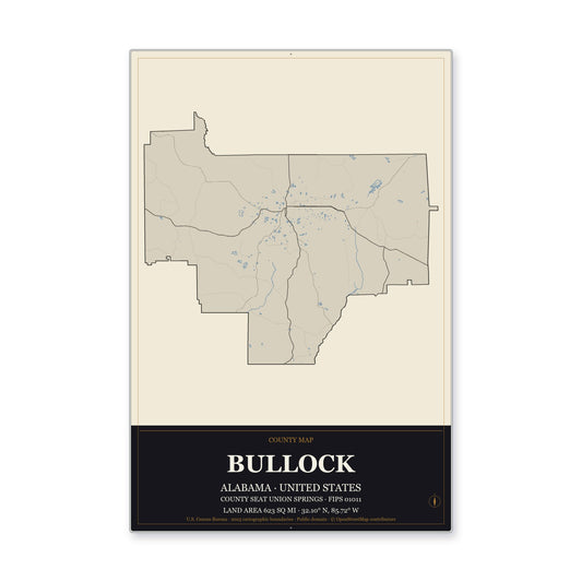 Bullock County, Alabama Map Aluminum Sign in Museum Plaque style