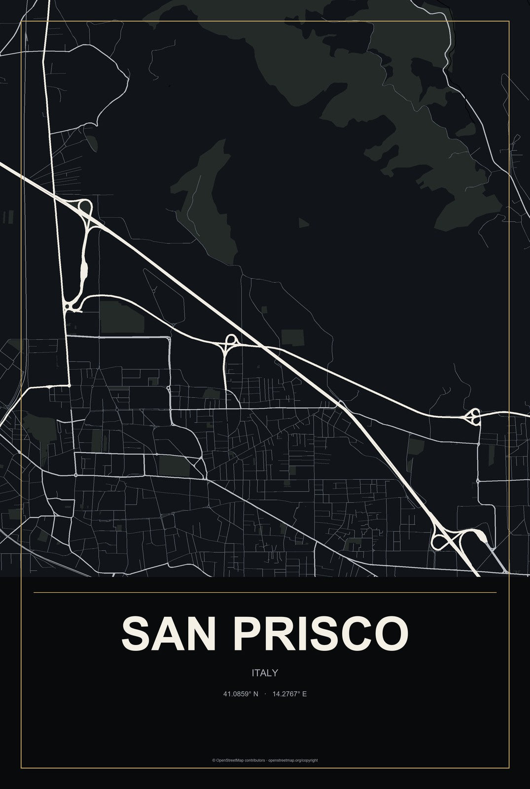 San Prisco, Italy City Map Aluminum Sign in Metropolitan Noir style