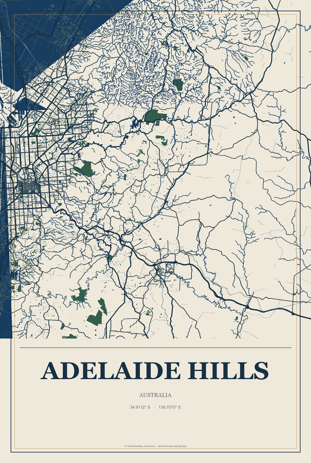 Adelaide Hills, Australia City Map Aluminum Sign in Coastal Cutout style