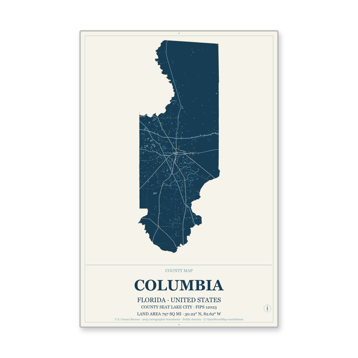 Columbia County, Florida Map Aluminum Sign in Coastal Cutout style