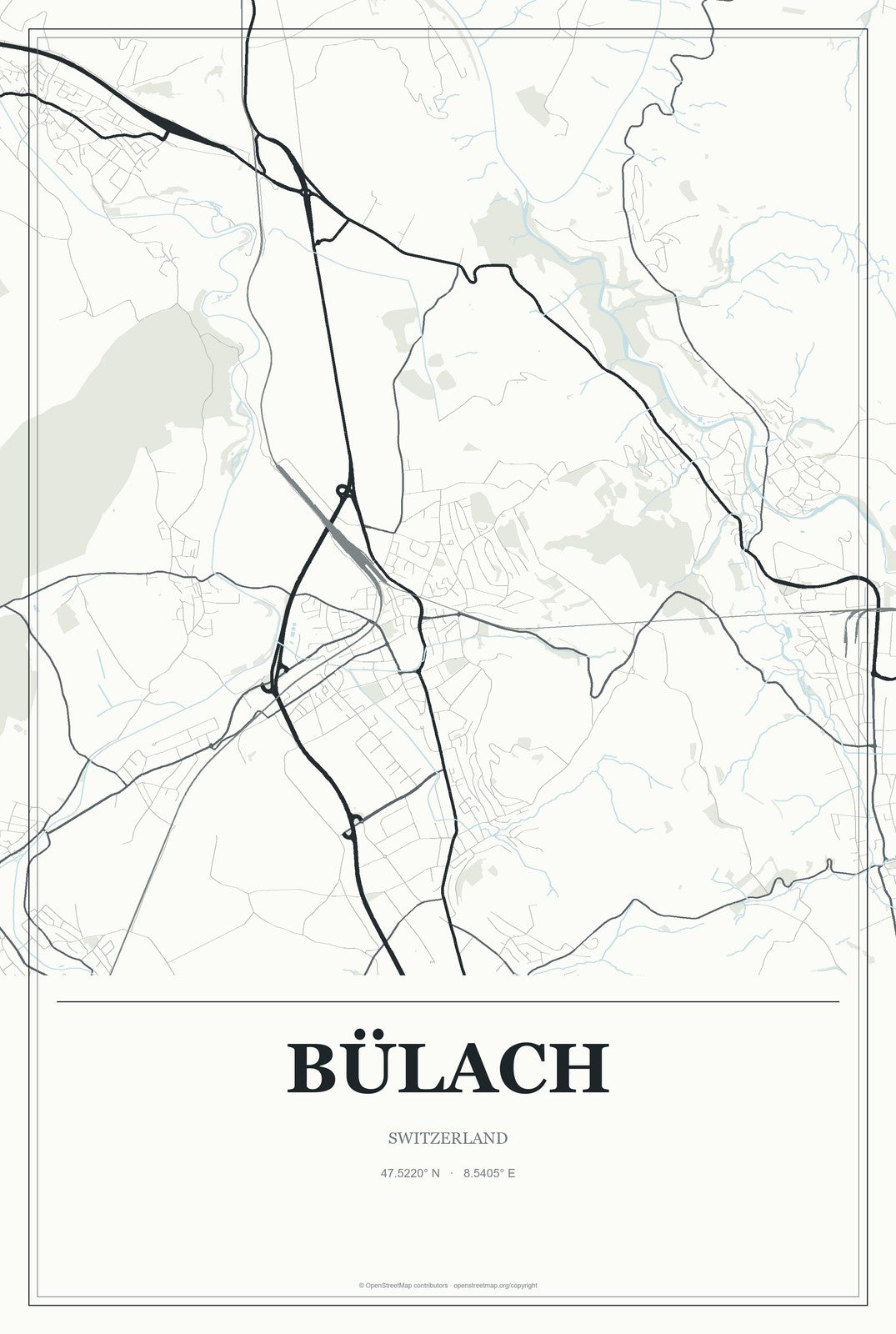 Bülach, Switzerland City Map Aluminum Sign in Gallery Air style
