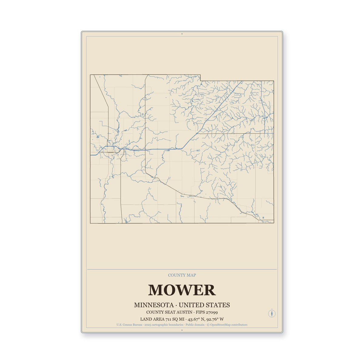 Mower County, Minnesota Map Aluminum Sign in Heritage Nautical style