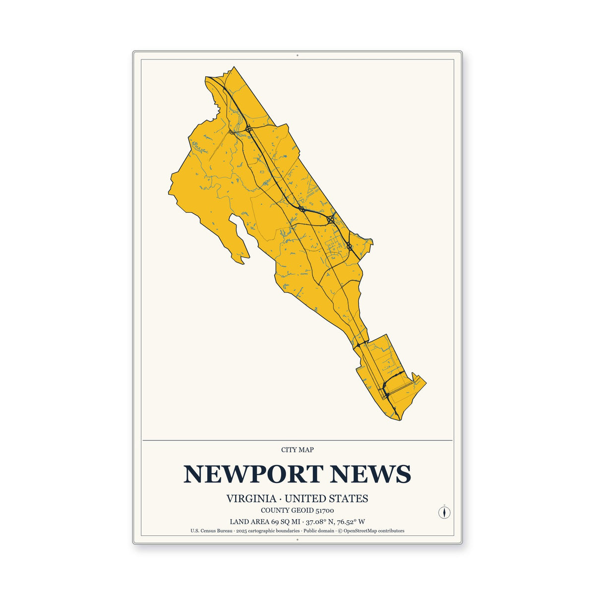 Newport News city, Virginia Map Aluminum Sign in Citrine Modern style