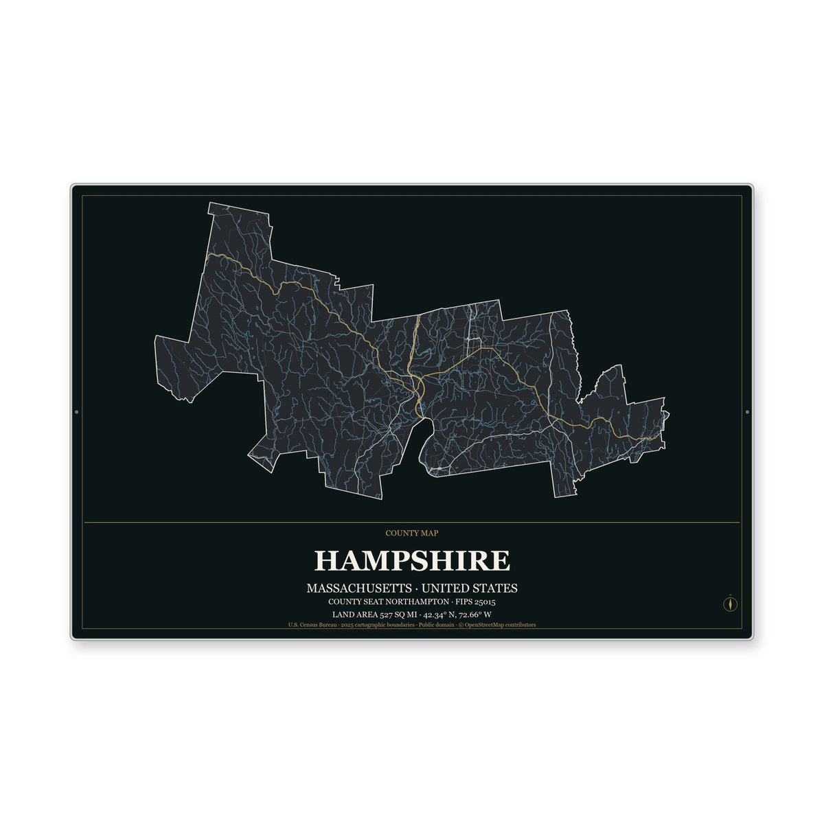 Hampshire County, Massachusetts Map Aluminum Sign in Metropolitan Noir style