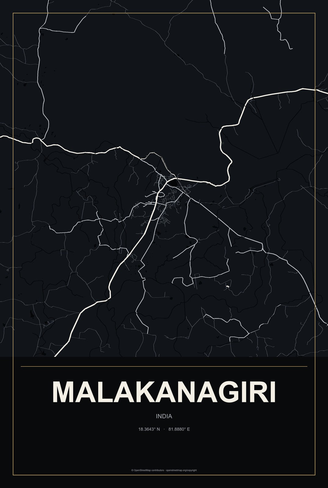 Malakanagiri, India City Map Aluminum Sign in Metropolitan Noir style