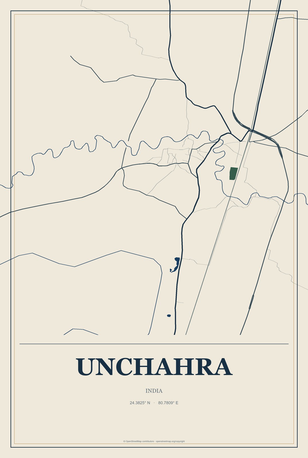 Unchahra, India City Map Aluminum Sign in Coastal Cutout style