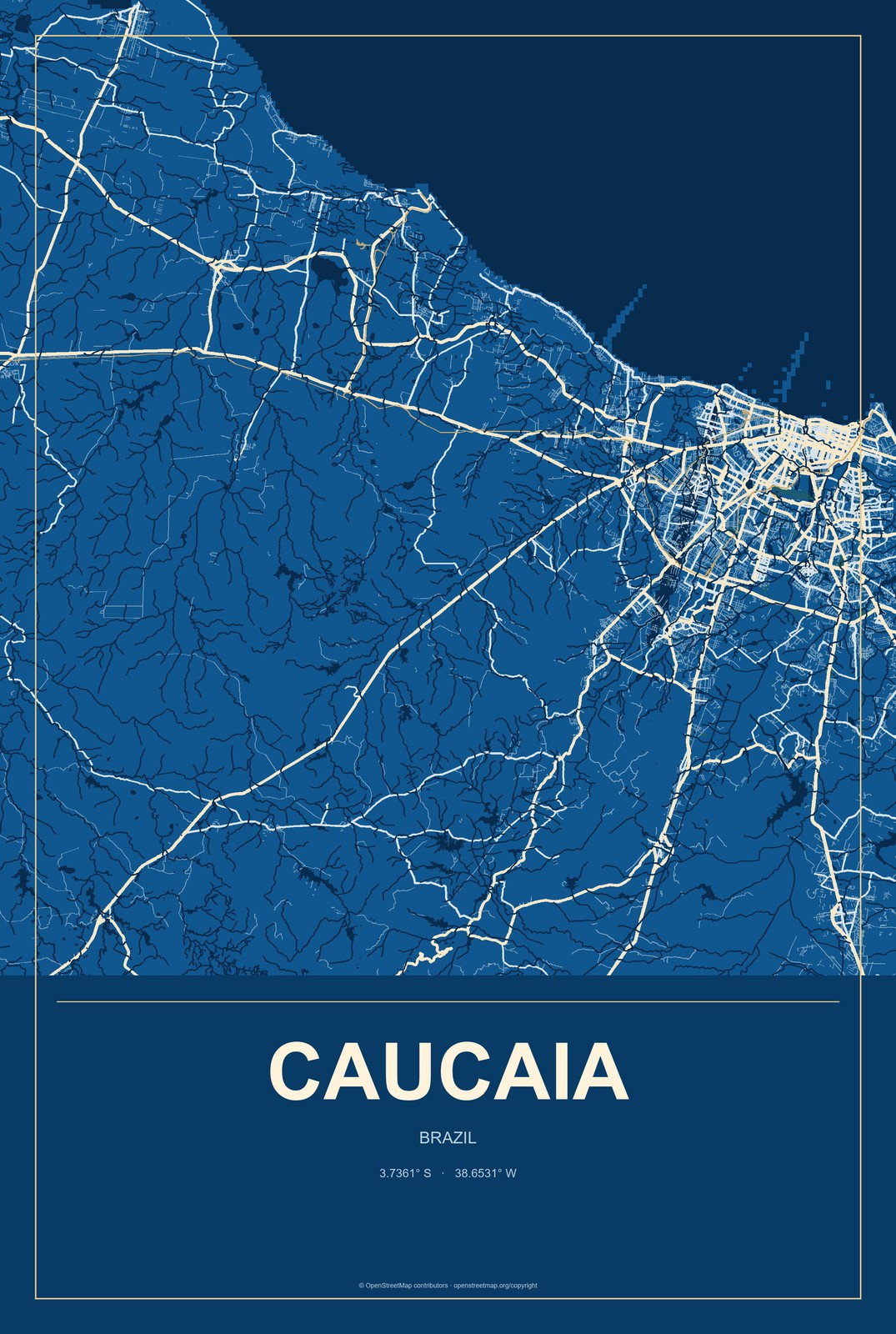 Caucaia, Brazil City Map Aluminum Sign in Harbor Cobalt style