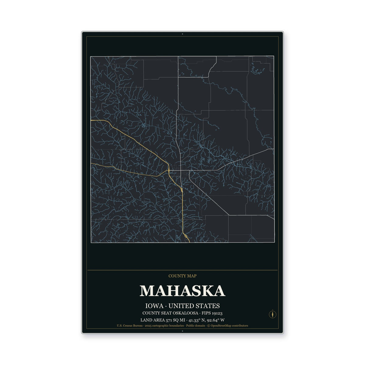 Mahaska County, Iowa Map Aluminum Sign in Metropolitan Noir style