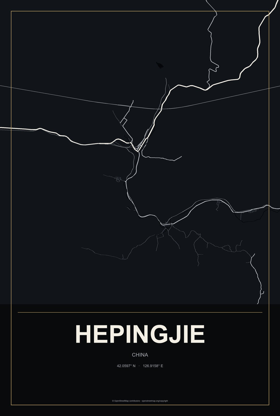 Hepingjie, China City Map Aluminum Sign in Metropolitan Noir style