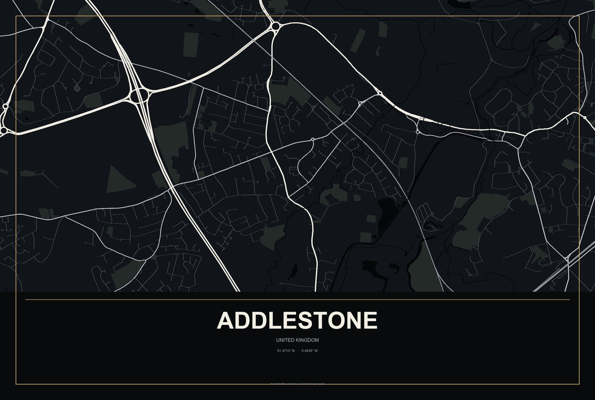 Addlestone, United Kingdom City Map Aluminum Sign in Metropolitan Noir style