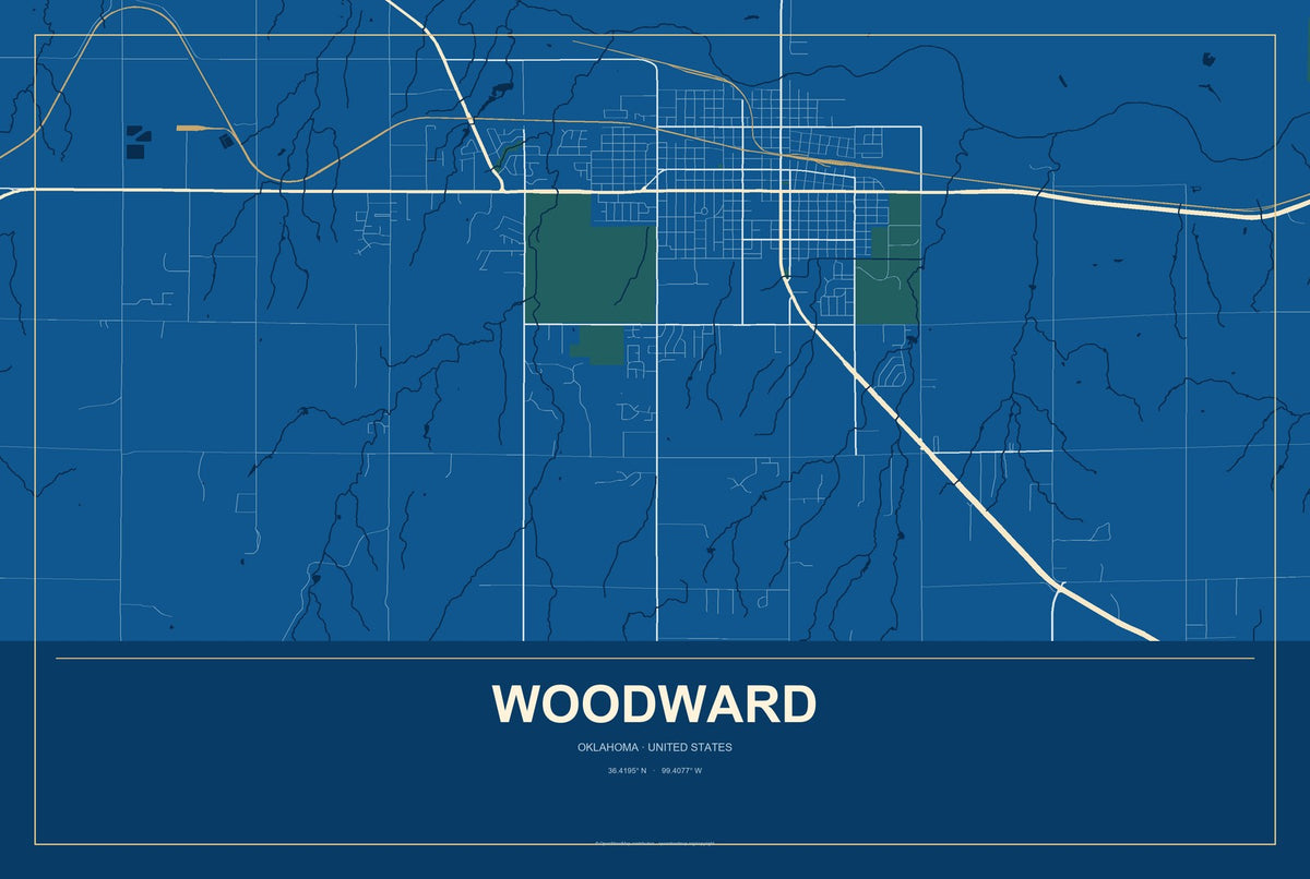 Woodward, Oklahoma City Map Aluminum Sign in Harbor Cobalt style