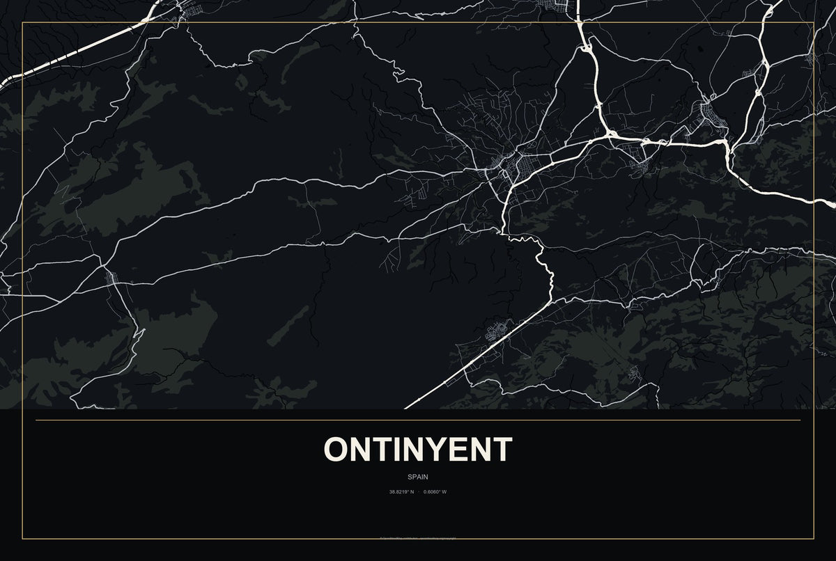 Ontinyent, Spain City Map Aluminum Sign in Metropolitan Noir style