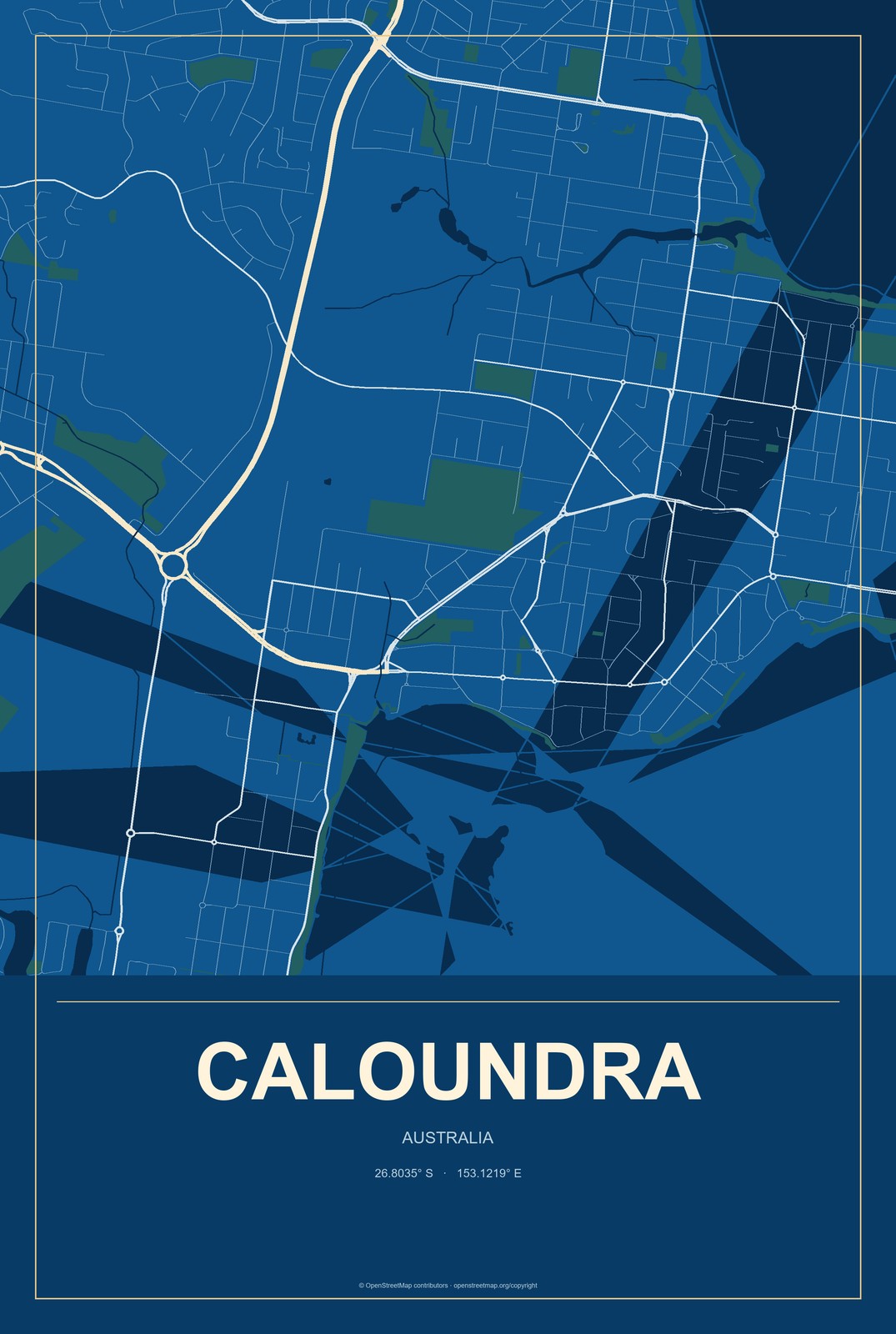 Caloundra, Australia City Map Aluminum Sign in Harbor Cobalt style