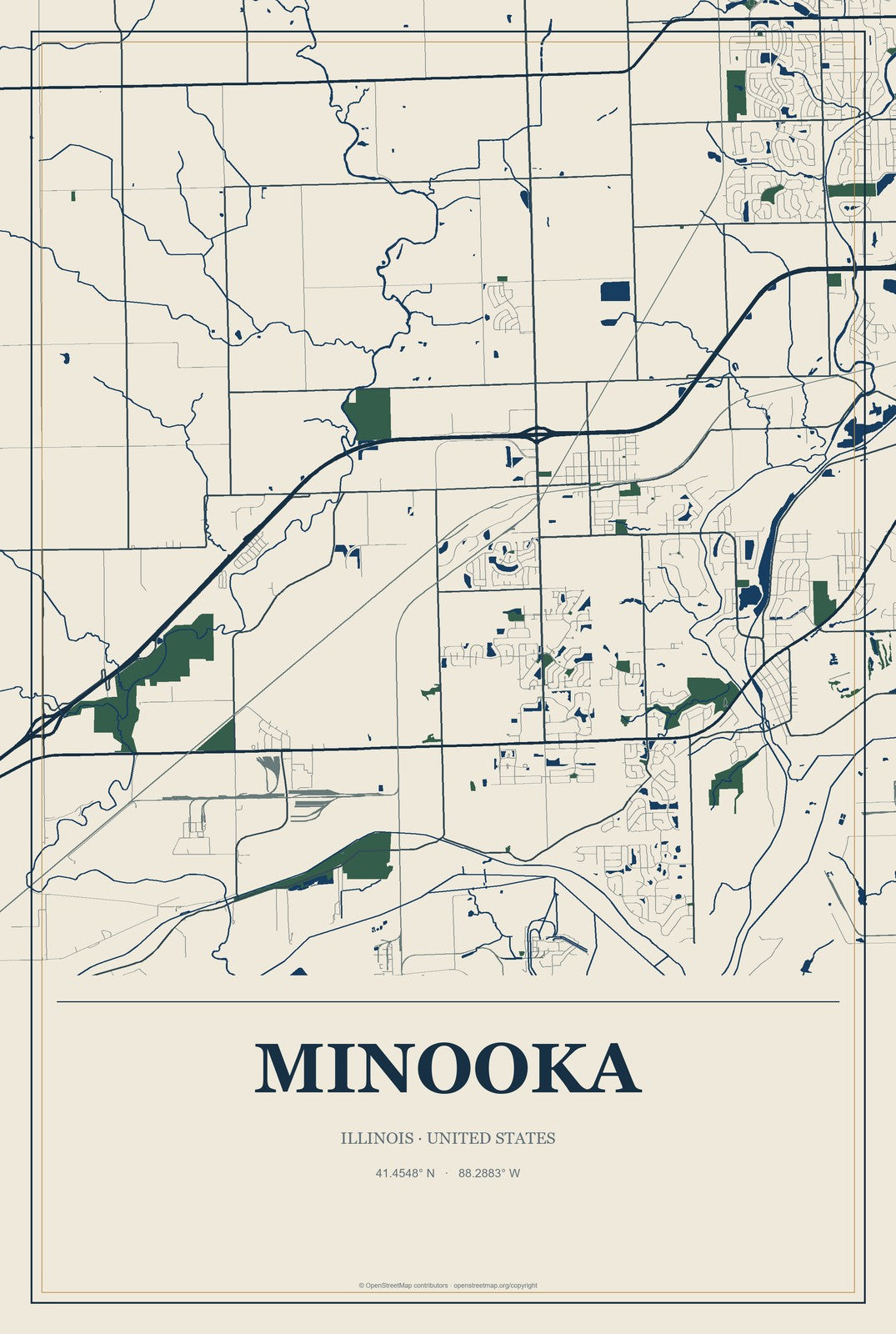 Minooka, Illinois City Map Aluminum Sign in Coastal Cutout style