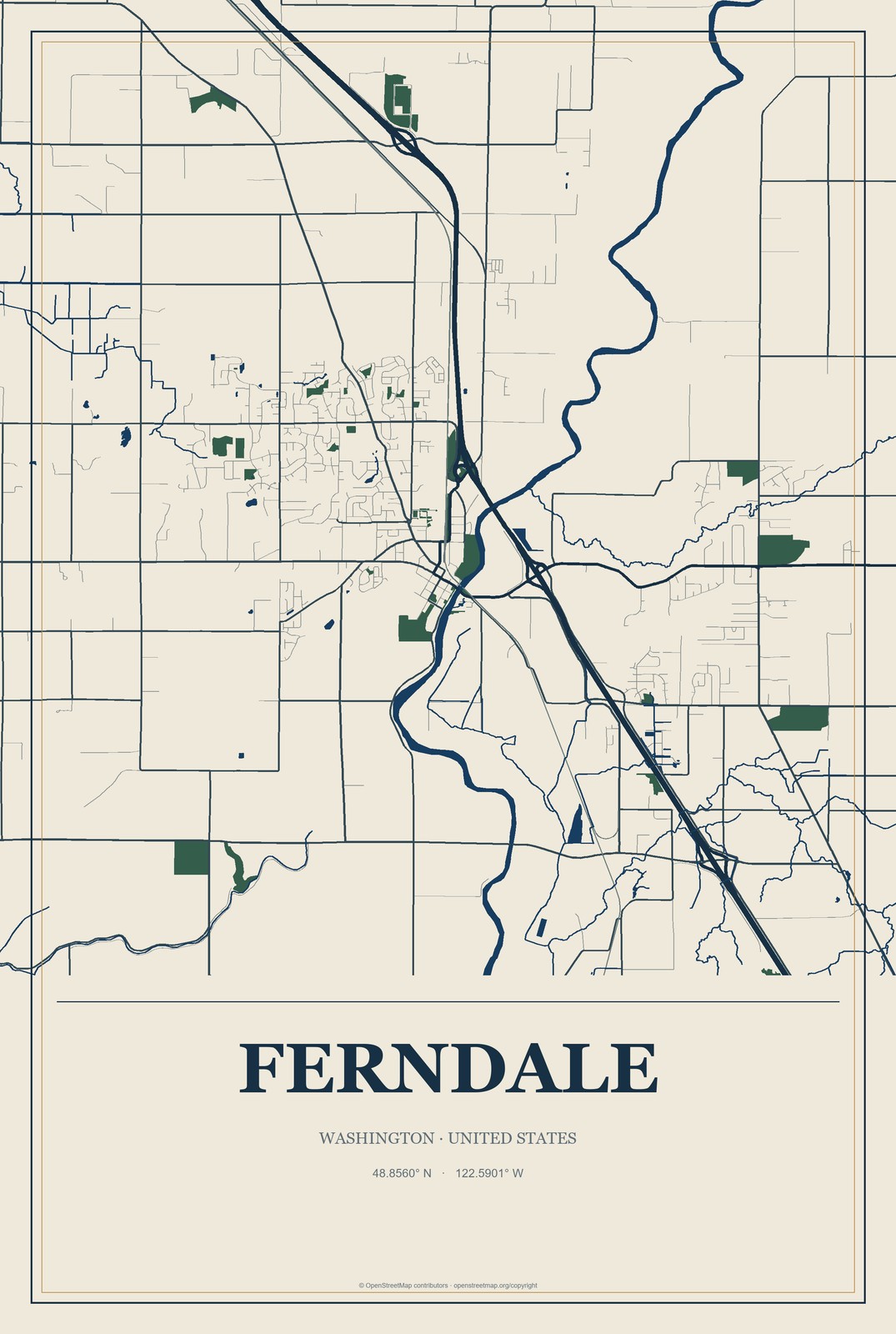 Ferndale, Washington City Map Aluminum Sign in Coastal Cutout style