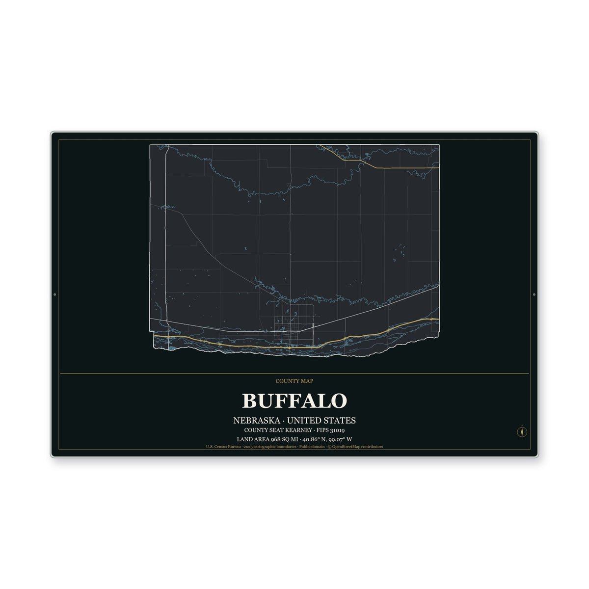 Buffalo County, Nebraska Map Aluminum Sign in Metropolitan Noir style