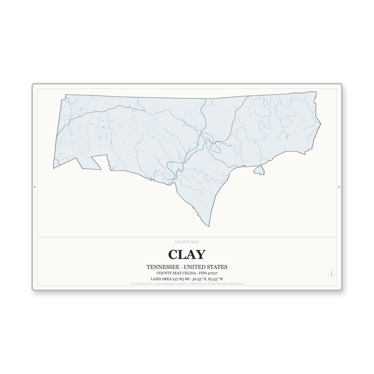 Clay County, Tennessee Map Aluminum Sign in Gallery Air style