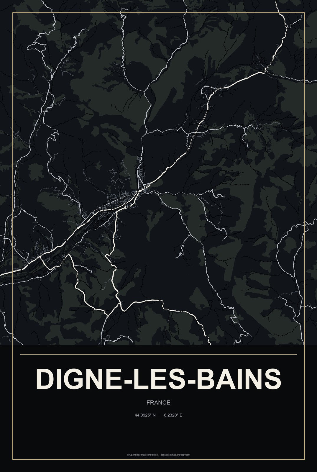 Digne-les-Bains, France City Map Aluminum Sign in Metropolitan Noir style