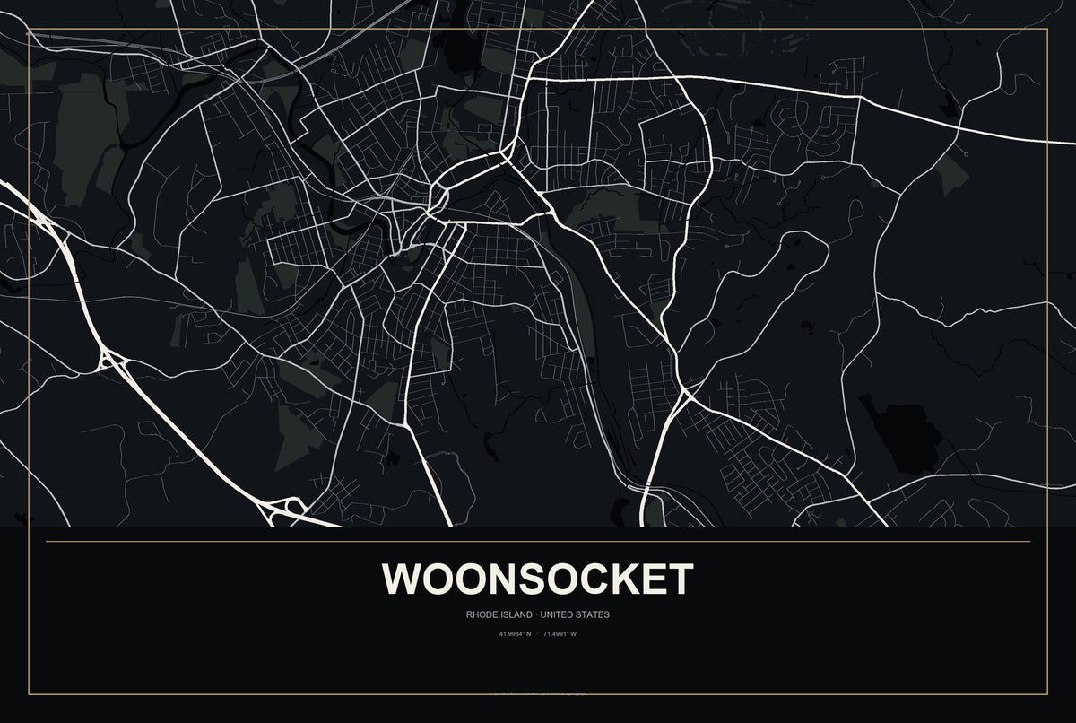Woonsocket, Rhode Island City Map Aluminum Sign in Metropolitan Noir style