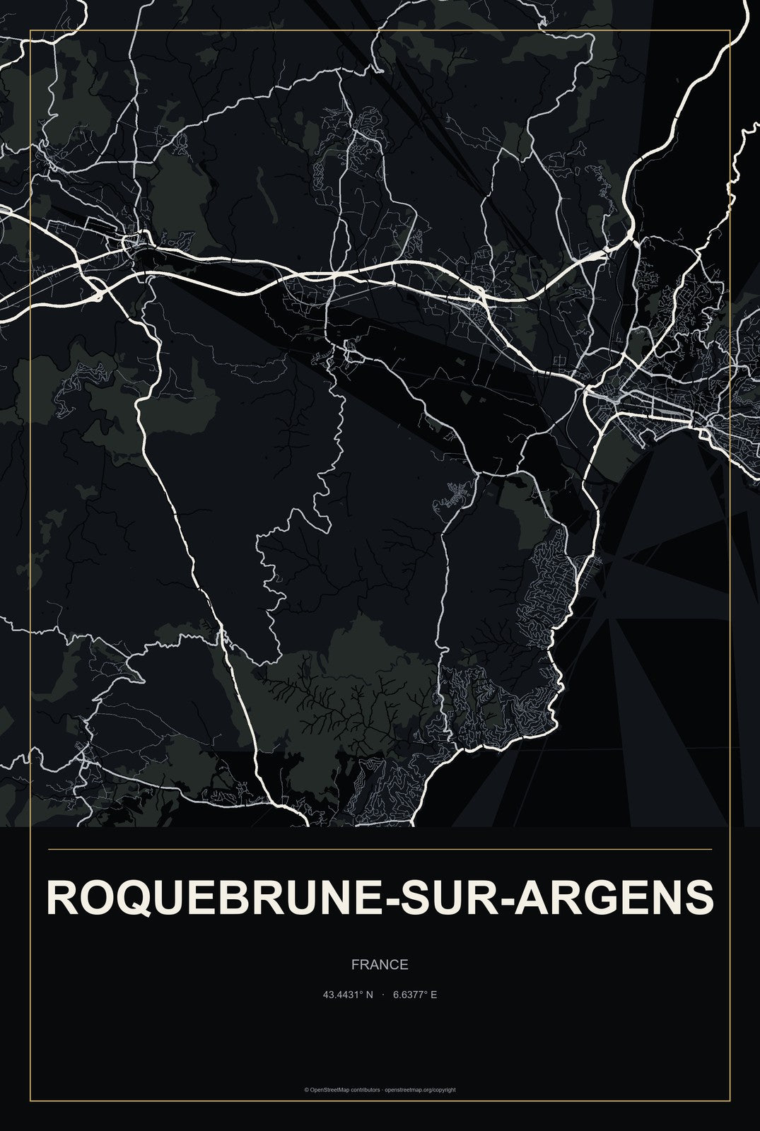 Roquebrune-sur-Argens, France City Map Aluminum Sign in Metropolitan Noir style