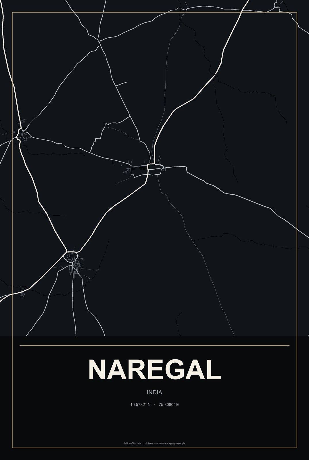 Naregal, India City Map Aluminum Sign in Metropolitan Noir style